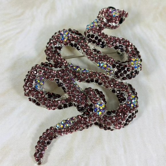 Giant Multi Plum and Pink Rhinestone Snake Serpent pin brooch - Picture 8 of 9